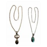2 Sterling Necklaces: Green Stone & Turquoise