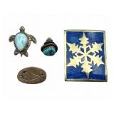 Sterling, Enamel, Larimar & Turquoise Pins