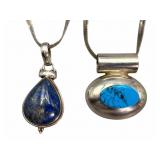 2 Sterling Lapis & Turquoise Pendant Necklaces