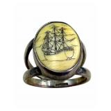 Early Sterling Scrimshaw Style Ship Ring
