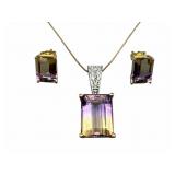 14K Gold Ametrine & Diamond Pendant & Earring