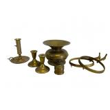 Brass Grouping with Candle Holders, Oil Lamp