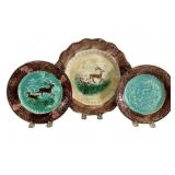 English Majolica Dog & Deer Hunt Scene Plates