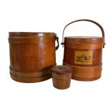 Three Primitive Wooden Firkin Buckets