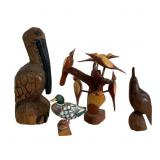 Four Wooden Bird Carvings Group