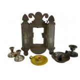 Metal Wall Sconce & Six Metal Candlesticks
