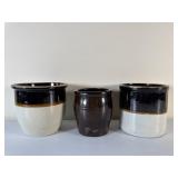 Three Stoneware Pots, Brown & White