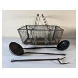 Primitive Wire Basket & Three Large  Utencils