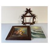 Two Paintings & Tramp Art Frame Assortment