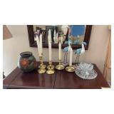 Brass Candlesticks, Shorebirds, Floral Vase