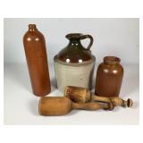 Stoneware Jug, German Bottle & Potato Mashers