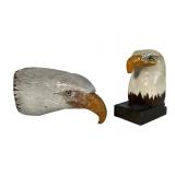Two Hand Carved Wooden Eagle Heads Signed ADB