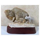 Elk Woman #61 Buffalo Stone Carving on Wood