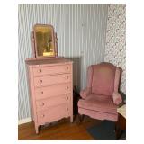 Pink Painted Dresser With Mirror & Wingback Chair