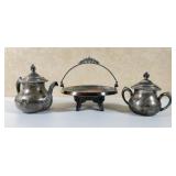 Silver Plated Teapot, Sugar Bowl & Footed Tray