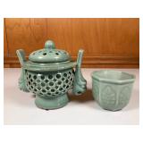 Korean Celadon Incense Burner & Hexagonal Cup