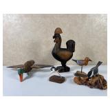Five Carved Wood Bird Figures Including Roost