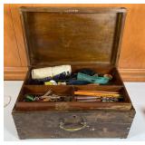 Wooden Box with Antique Keys & Sewing Items