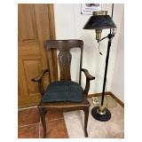 Antique Oak Armchair & Tole Painted FloorLamp