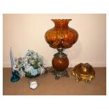Amber Glass Lamp & Decor Lot