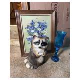 Framed Floral Print, Plaster Raccoon & Blue Vase