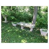 Concrete Garden Bench, Planters & Birdbath