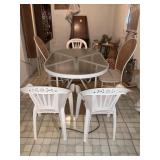 Glass-Top Patio Table & Six Mixed Chairs