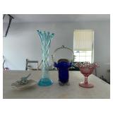 3 Glass Vases and Bird Ring Dish