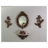 Gilt Wall Mirror, Sconces & Shelf