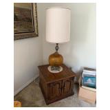 Pair Amber Glass Lamps & Pair Wooden Side Tables