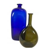 Cobalt Blue & Olive Blown Glass Bottles