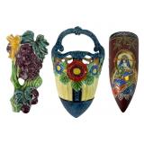 Three Ceramic Wall Pocket Vases, Largest 9 In
