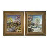 Pair Framed Oil on Canvas Panel Paintings