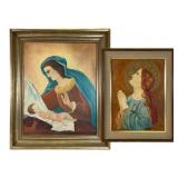 Pair Oil on Board Religious Style Paintings
