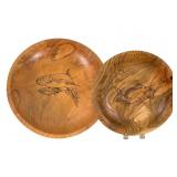 Two Turned Wood Bowls with Fish Motifs