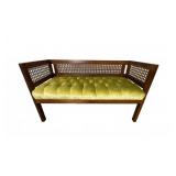 Wood & Cane Settee with Green Tufted Cushion