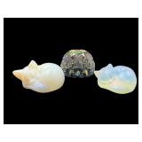 Cut Glass Paperweight & Carved Opalite Cats