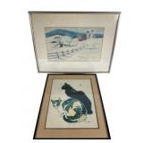 Original Winter Farm Watercolor & Cat Print