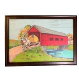Hand Colored Felt Folk Art Covered Bridge