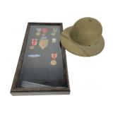WWII US Army Medals Display & Pith Helmet