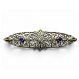 10k Filigree Brooch with Diamond & Sapphires