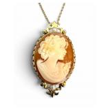 14K Cameo Pendant & Brooch Necklace