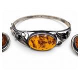 Sterling Amber Style Hinged Cuff & Earrings