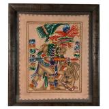 Neo-Mayan Scene Pyrography & Paint on Suede