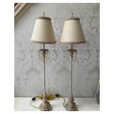 Pair French Country Crystal & Burlap Buffet Lamps