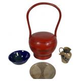 Chinese Red Lacquer Wedding Basket & Pottery