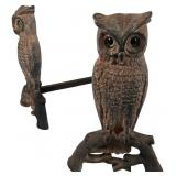 Pair Arts & Crafts Iron Owl Andirons w/ Glass Eyes