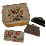 4 Vtg Floral Needlepoint, Beaded & Snakeskin Bags