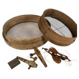 Antique Wood Sieves, Barrel Taps & Multo-Fruto Tin