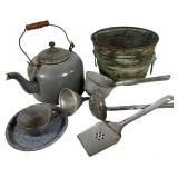 9 Pcs Antique Gray Enamel & Copper Kitchenware